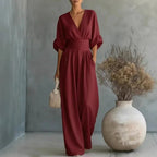 Grace | Women's Surplice V-Neck Wide-Leg Jumpsuit, Wrap-Front One-Piece | Direct Attire | Wine Red