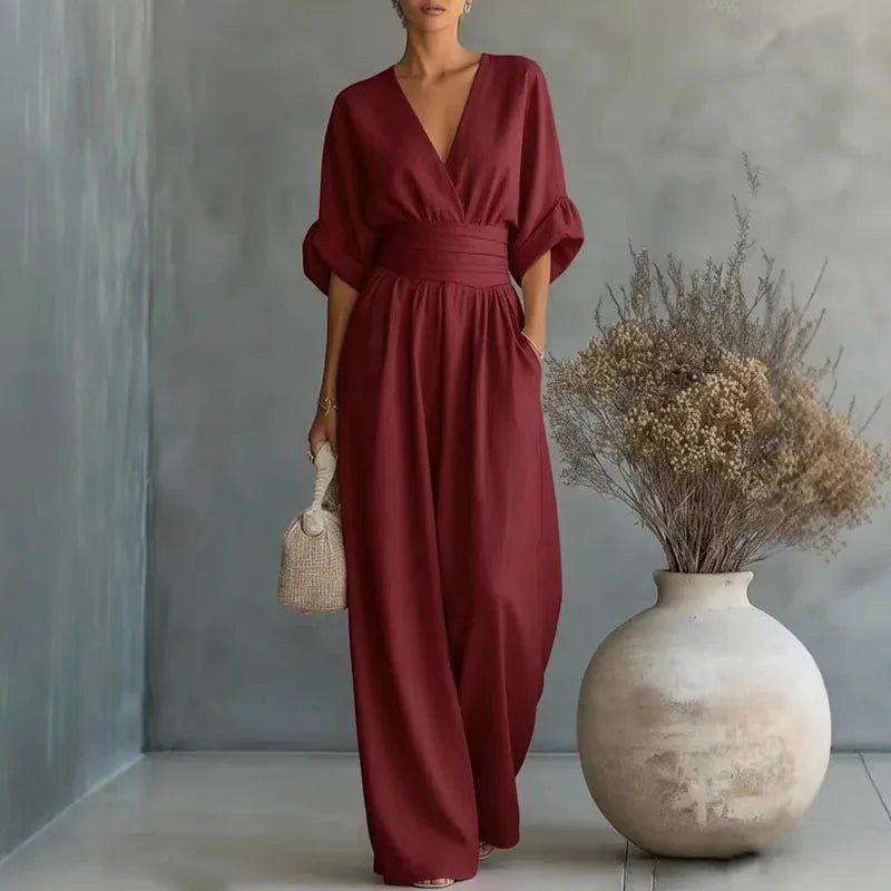 Grace | Women's Surplice V-Neck Wide-Leg Jumpsuit, Wrap-Front One-Piece | Direct Attire | Wine Red