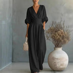 Grace | Women's Surplice V-Neck Wide-Leg Jumpsuit, Wrap-Front One-Piece | Direct Attire | Black