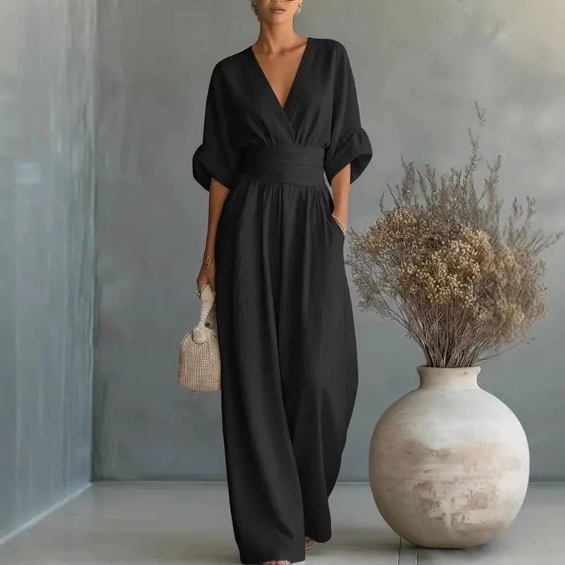 Grace | Women's Surplice V-Neck Wide-Leg Jumpsuit, Wrap-Front One-Piece | Direct Attire | Black