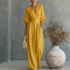 Grace | Women's Surplice V-Neck Wide-Leg Jumpsuit, Wrap-Front One-Piece | Direct Attire | Yellow