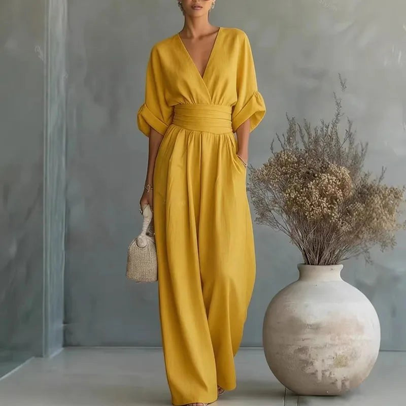 Grace | Women's Surplice V-Neck Wide-Leg Jumpsuit, Wrap-Front One-Piece | Direct Attire | Yellow