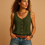 Hayley | Women's Sleeveless V-Neck Top with Button Detail, Relaxed Fit Summer Top | Direct Attire | Groen