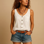 Hayley | Women's Sleeveless V-Neck Top with Button Detail, Relaxed Fit Summer Top | Direct Attire | Zwart