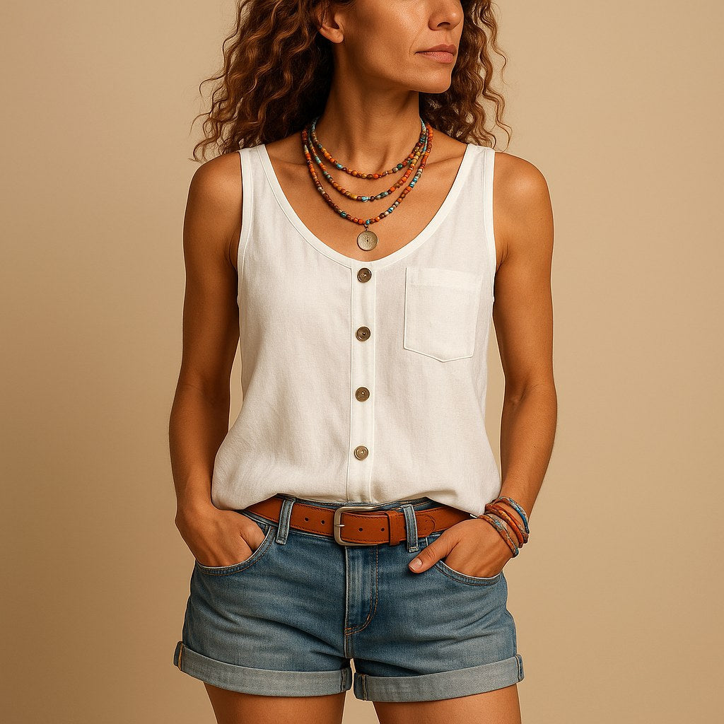 Hayley | Women's Sleeveless V-Neck Top with Button Detail, Relaxed Fit Summer Top | Direct Attire | Zwart
