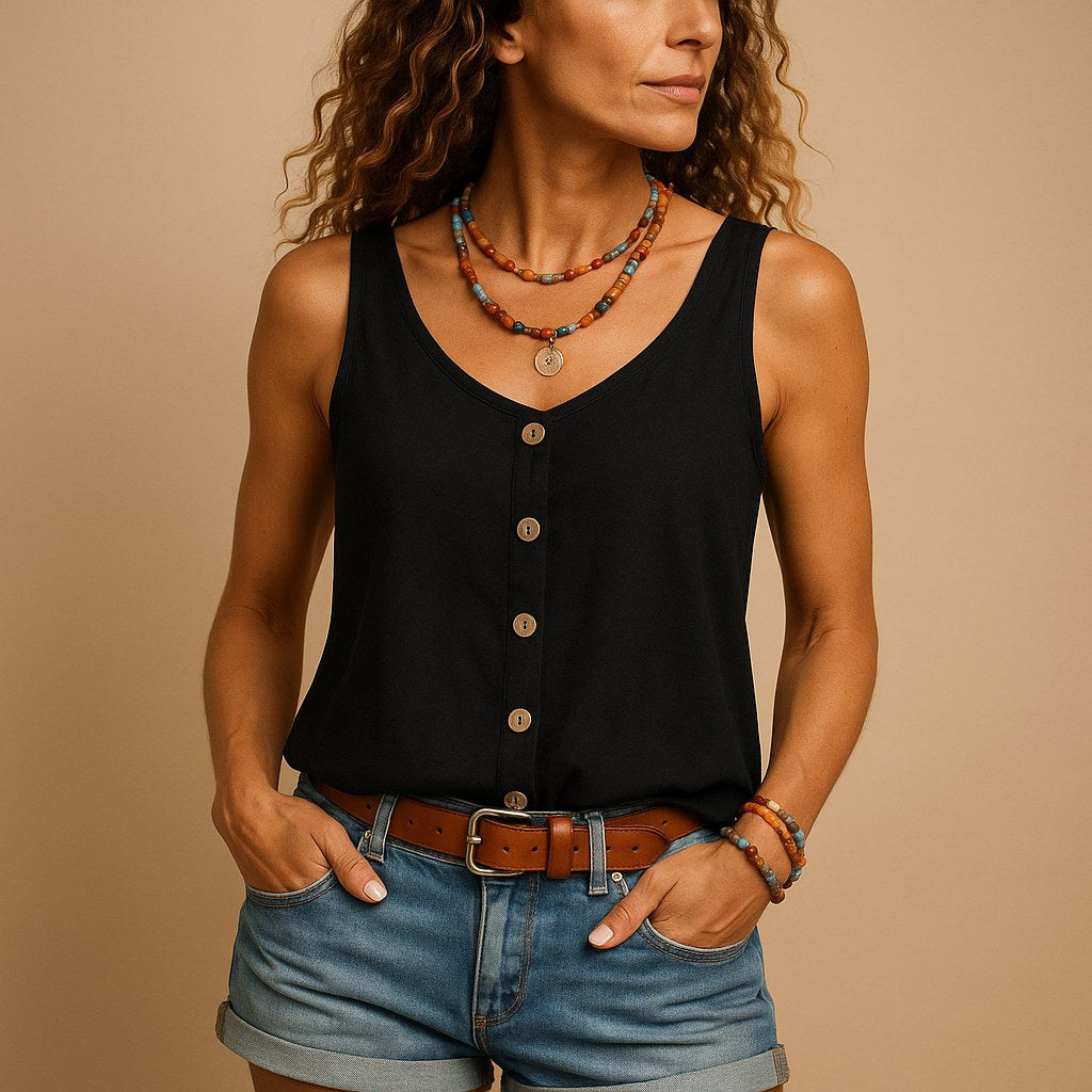Hayley | Women's Sleeveless V-Neck Top with Button Detail, Relaxed Fit Summer Top | Direct Attire | Grijs
