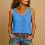 Hayley | Women's Sleeveless V-Neck Top with Button Detail, Relaxed Fit Summer Top | Direct Attire | Oranje