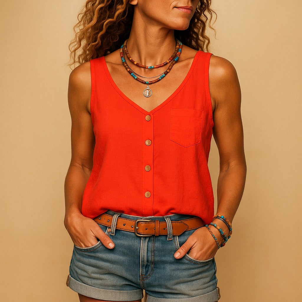 Hayley | Women's Sleeveless V-Neck Top with Button Detail, Relaxed Fit Summer Top | Direct Attire | Lichtgroen