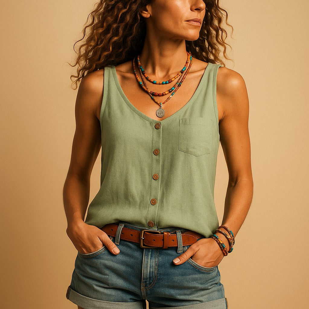 Hayley | Women's Sleeveless V-Neck Top with Button Detail, Relaxed Fit Summer Top | Direct Attire