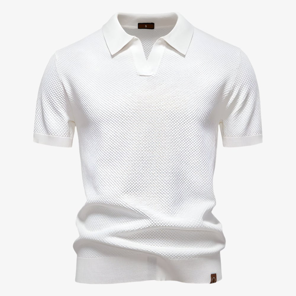 Heath | Men's Short Sleeve Cotton Knit Polo, V-Neck Casual Shirt | Direct Attire | White