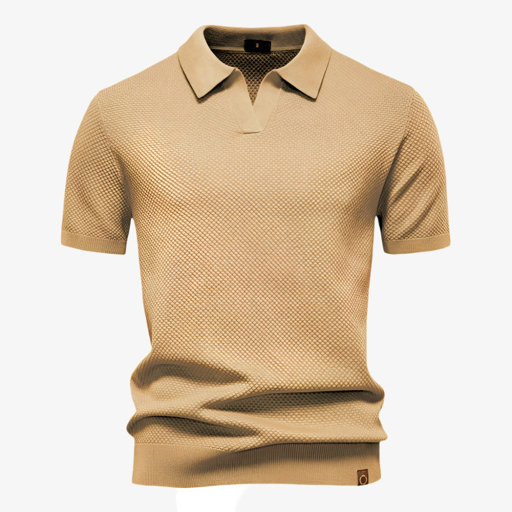 Heath | Men's Short Sleeve Cotton Knit Polo, V-Neck Casual Shirt | Direct Attire | Beige