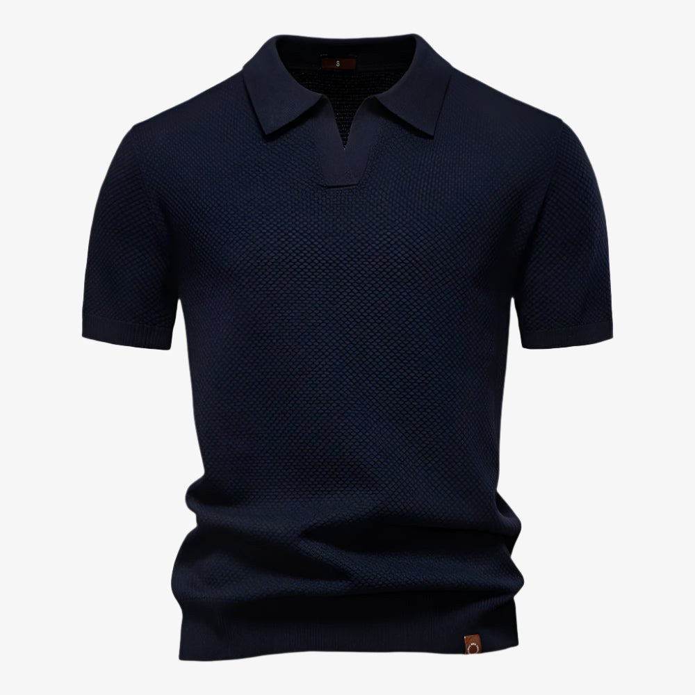 Heath | Men's Short Sleeve Cotton Knit Polo, V-Neck Casual Shirt | Direct Attire | Navy Blue