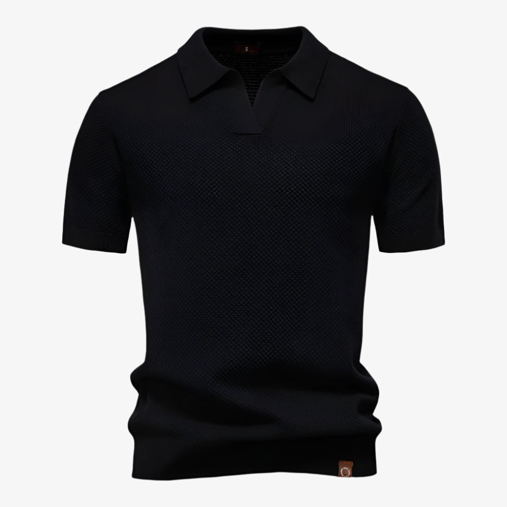 Heath | Men's Short Sleeve Cotton Knit Polo, V-Neck Casual Shirt | Direct Attire | Black