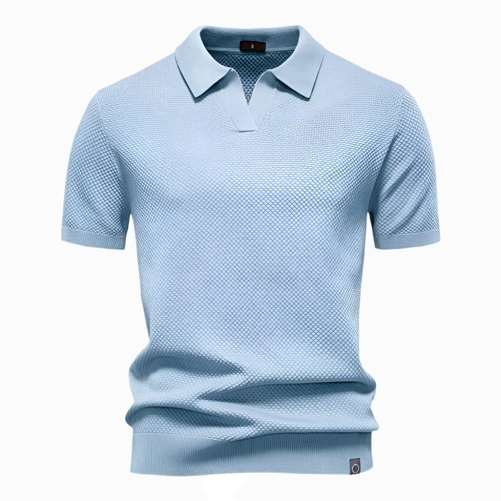 Heath | Men's Short Sleeve Cotton Knit Polo, V-Neck Casual Shirt | Direct Attire | Teal Blue
