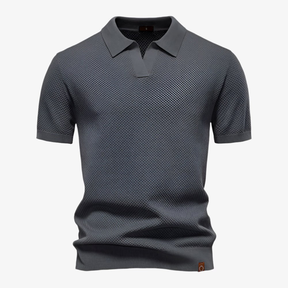 Heath | Men's Short Sleeve Cotton Knit Polo, V-Neck Casual Shirt | Direct Attire | Dark Grey