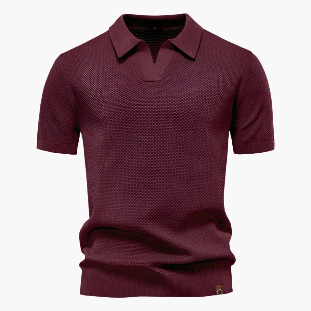 Heath | Men's Short Sleeve Cotton Knit Polo, V-Neck Casual Shirt | Direct Attire | Wine Red