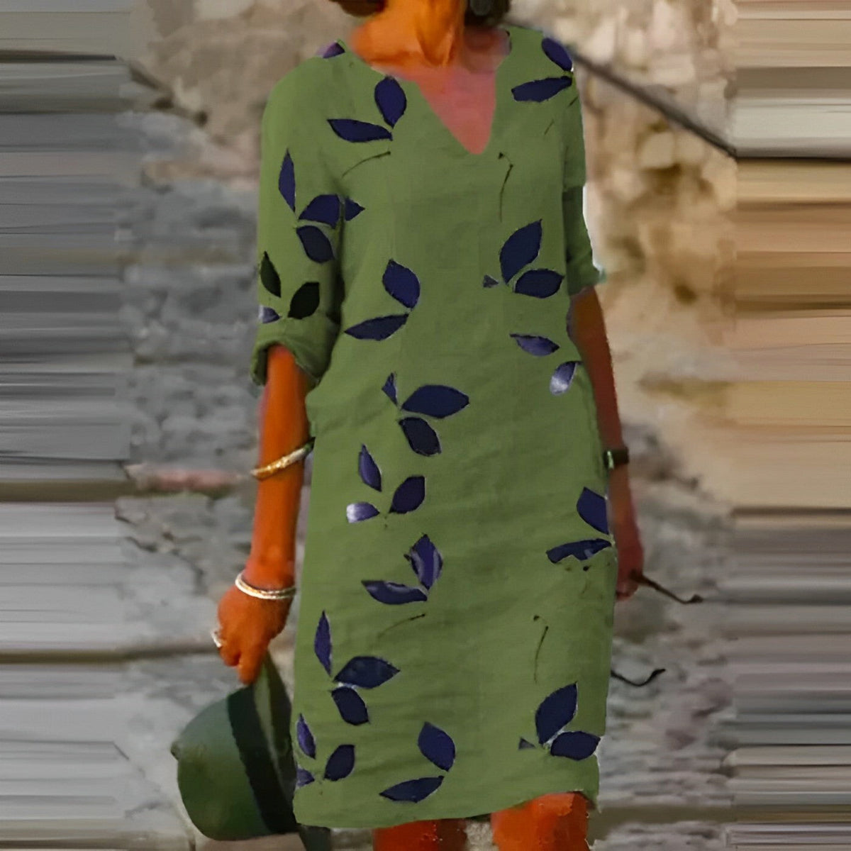 Holly | Women's Leaf-Print Midi Dress, Fluid Silhouette Autumn Dress | Direct Attire