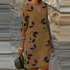 Holly | Women's Leaf-Print Midi Dress, Fluid Silhouette Autumn Dress | Direct Attire