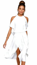 Isla | Women's Halter Midi Dress with Cold Shoulder Sleeves, Wrap-Front Evening Dress | Direct Attire | White