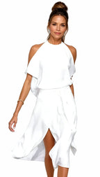 Isla | Women's Halter Midi Dress with Cold Shoulder Sleeves, Wrap-Front Evening Dress | Direct Attire | White