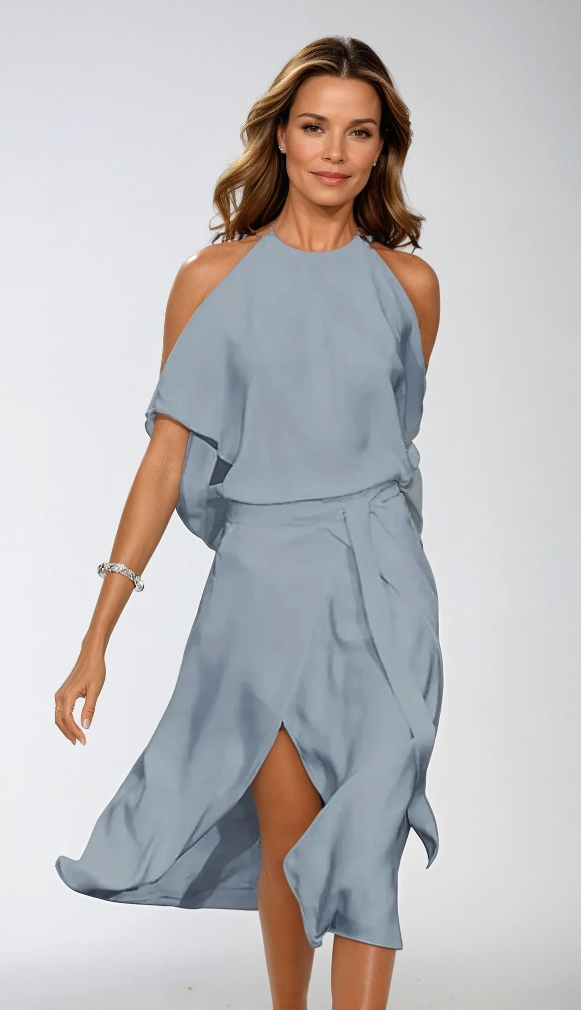 Isla | Women's Halter Midi Dress with Cold Shoulder Sleeves, Wrap-Front Evening Dress | Direct Attire | Gray