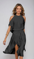 Isla | Women's Halter Midi Dress with Cold Shoulder Sleeves, Wrap-Front Evening Dress | Direct Attire | Black