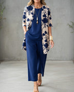 Jacinta | Women's Three-Piece Floral Blazer Set, Wide-Leg Trouser Suit | Direct Attire | Azul