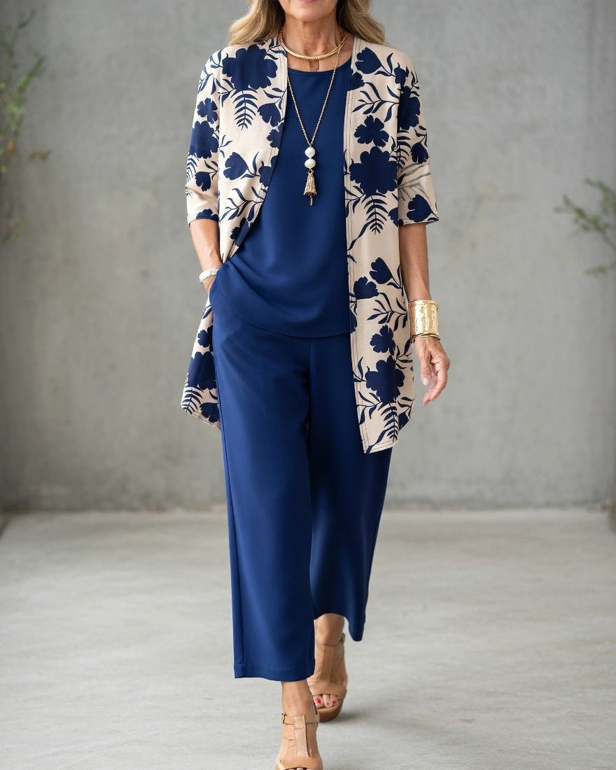 Jacinta | Women's Three-Piece Floral Blazer Set, Wide-Leg Trouser Suit | Direct Attire | Azul