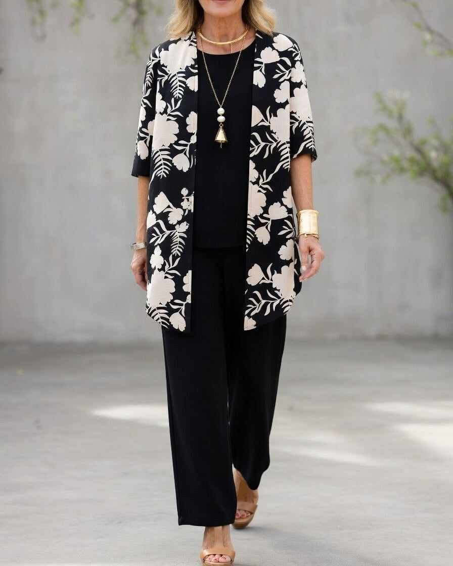 Jacinta | Women's Three-Piece Floral Blazer Set, Wide-Leg Trouser Suit | Direct Attire | Negro