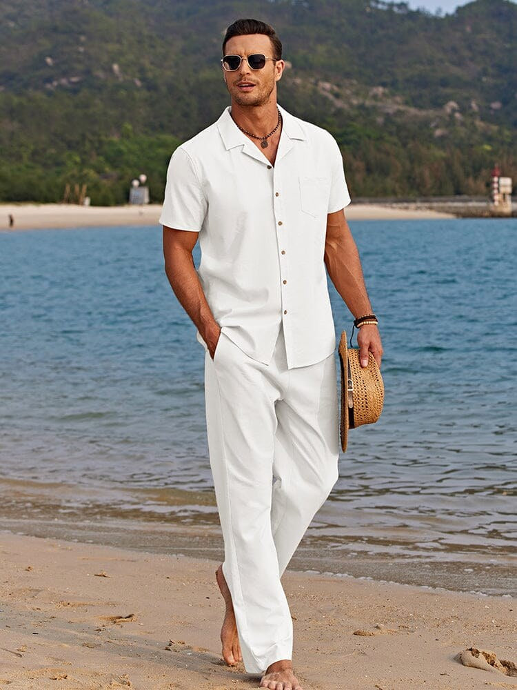 Jarrah | Men's Camp Collar Shirt and Trousers Set, Lightweight Two-Piece Set | Direct Attire | White