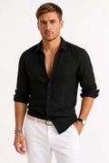 Jarrah | Men's Linen Oxford Shirt, Button-Down Rolled Sleeve Shirt | Direct Attire | Black