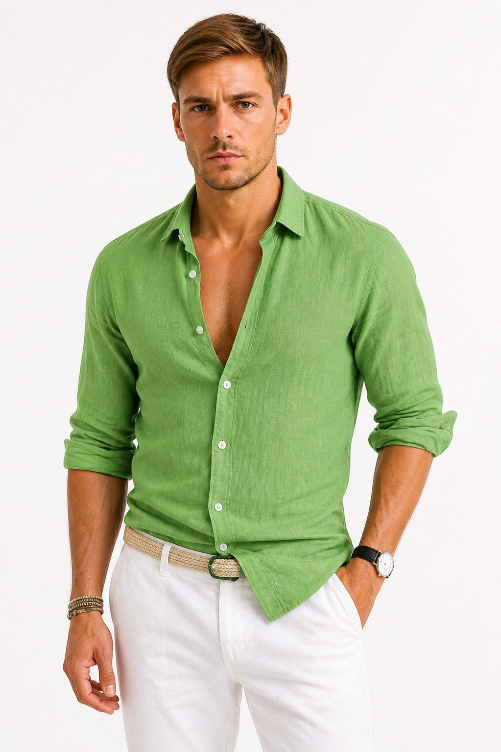 Jarrah | Men's Linen Oxford Shirt, Button-Down Rolled Sleeve Shirt | Direct Attire | Green