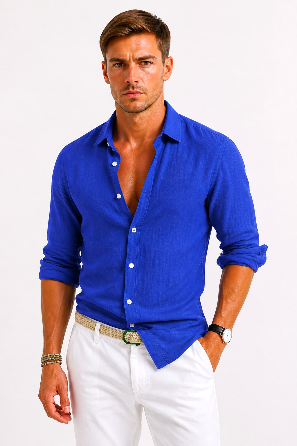 Jarrah | Men's Linen Oxford Shirt, Button-Down Rolled Sleeve Shirt | Direct Attire | Beige