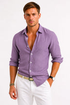 Jarrah | Men's Linen Oxford Shirt, Button-Down Rolled Sleeve Shirt | Direct Attire | Blue