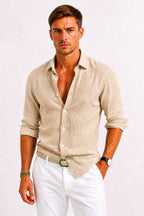 Jarrah | Men's Linen Oxford Shirt, Button-Down Rolled Sleeve Shirt | Direct Attire | Light Blue