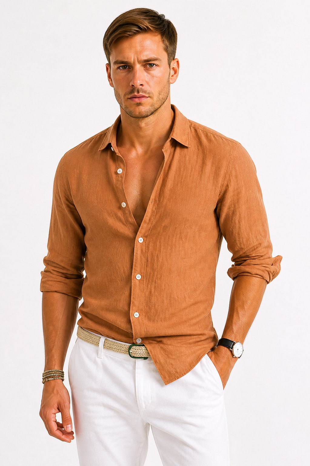 Jarrah | Men's Linen Oxford Shirt, Button-Down Rolled Sleeve Shirt | Direct Attire | Brown