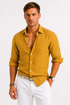 Jarrah | Men's Linen Oxford Shirt, Button-Down Rolled Sleeve Shirt | Direct Attire | Mustard