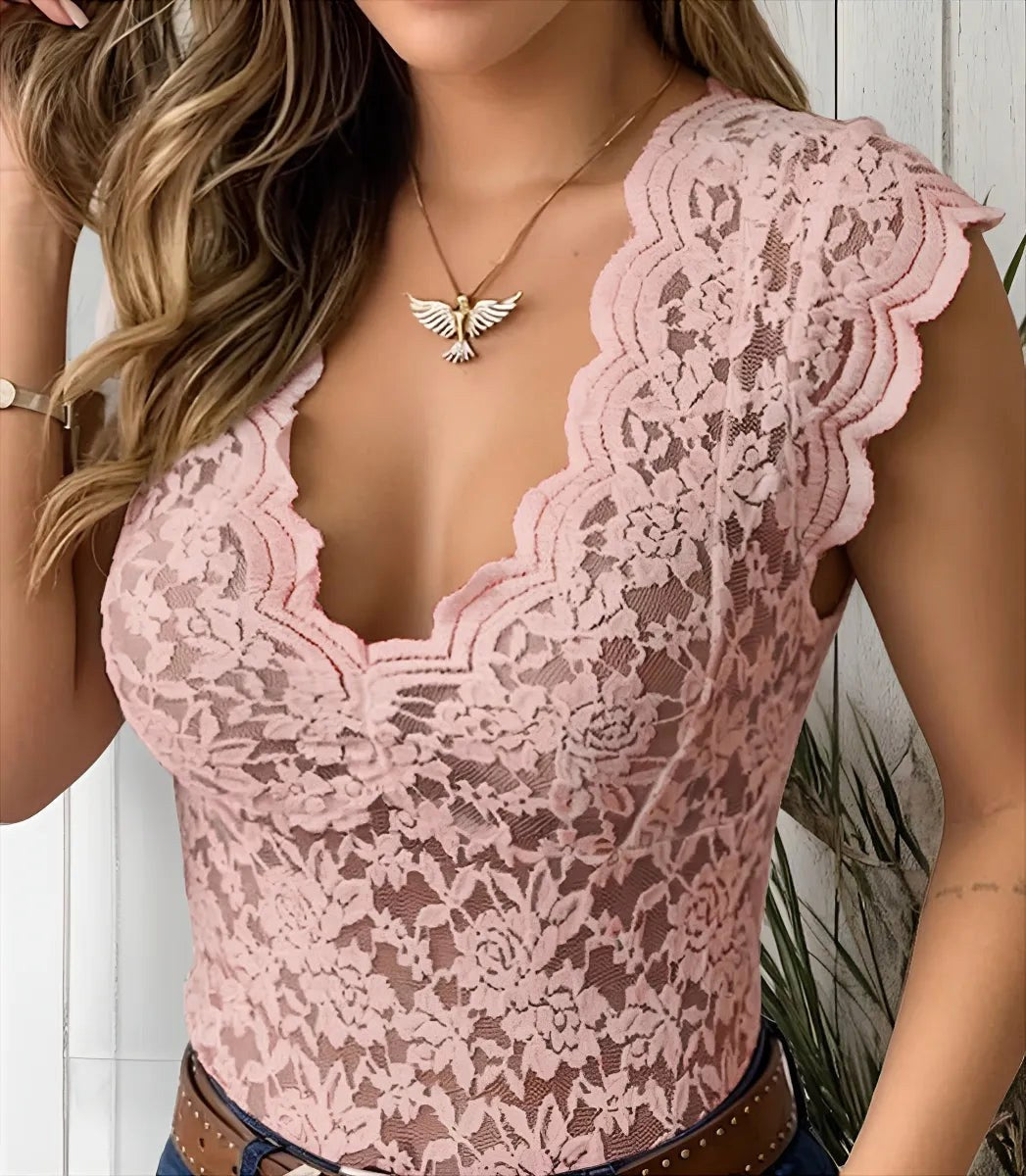 Jasmine | Women's Fitted Lace Top with V-Neckline, Short Sleeve Blouse | Direct Attire