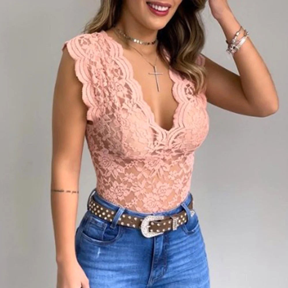 Jasmine | Women's Fitted Lace Top with V-Neckline, Short Sleeve Blouse | Direct Attire