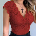 Jasmine | Women's Fitted Lace Top with V-Neckline, Short Sleeve Blouse | Direct Attire