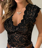 Jasmine | Women's Fitted Lace Top with V-Neckline, Short Sleeve Blouse | Direct Attire