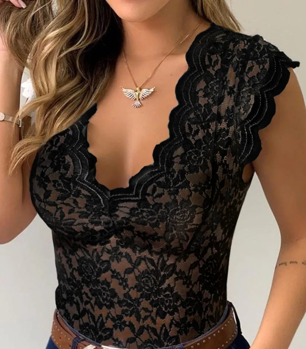 Jasmine | Women's Fitted Lace Top with V-Neckline, Short Sleeve Blouse | Direct Attire