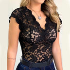 Jasmine | Women's Fitted Lace Top with V-Neckline, Short Sleeve Blouse | Direct Attire