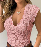 Jasmine | Women's Fitted Lace Top with V-Neckline, Short Sleeve Blouse | Direct Attire