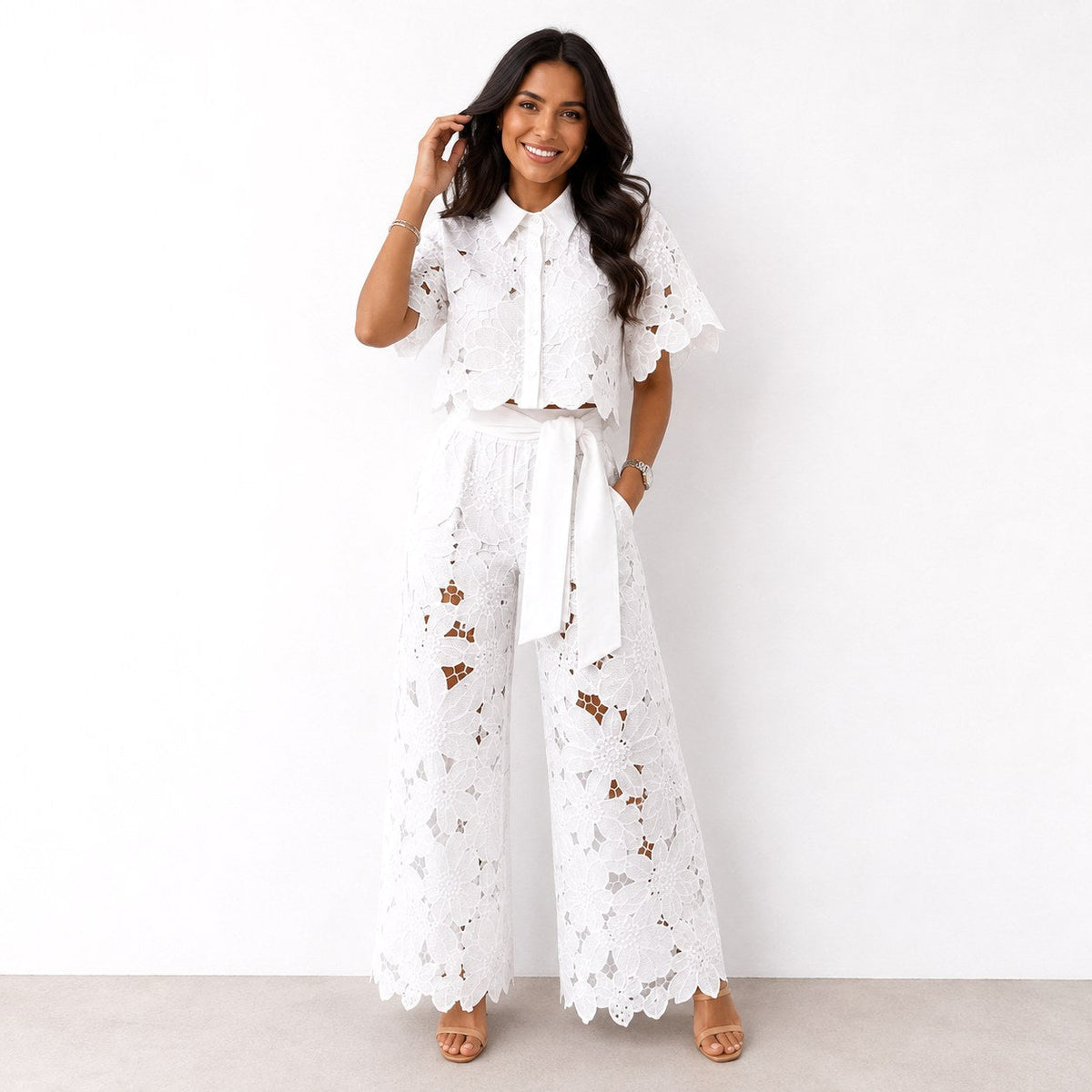 Jasmine | Women's Floral Lace Two-Piece Set, Flowing Trouser Suit | Direct Attire