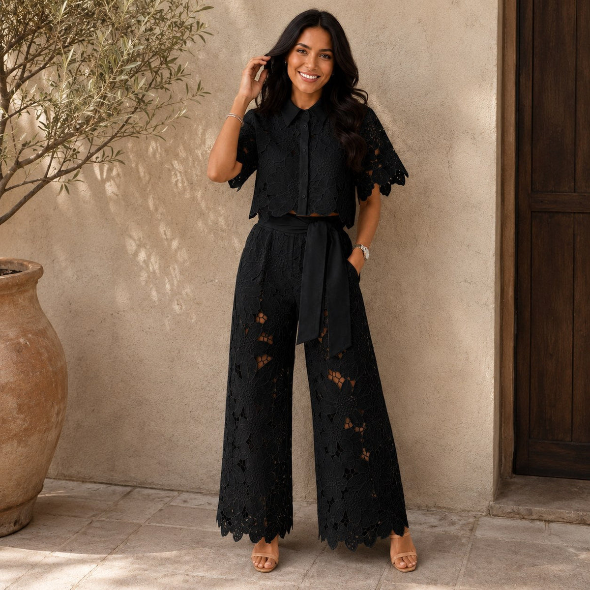 Jasmine | Women's Floral Lace Two-Piece Set, Flowing Trouser Suit | Direct Attire