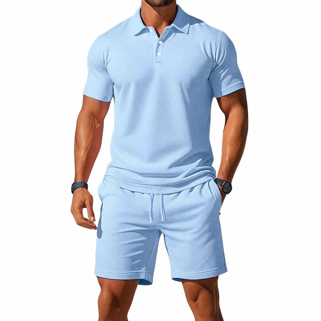Jaxon | Men's Breathable Two-Piece Polo Set, Short Sleeve Shirt and Shorts | Direct Attire | Lichtblauw