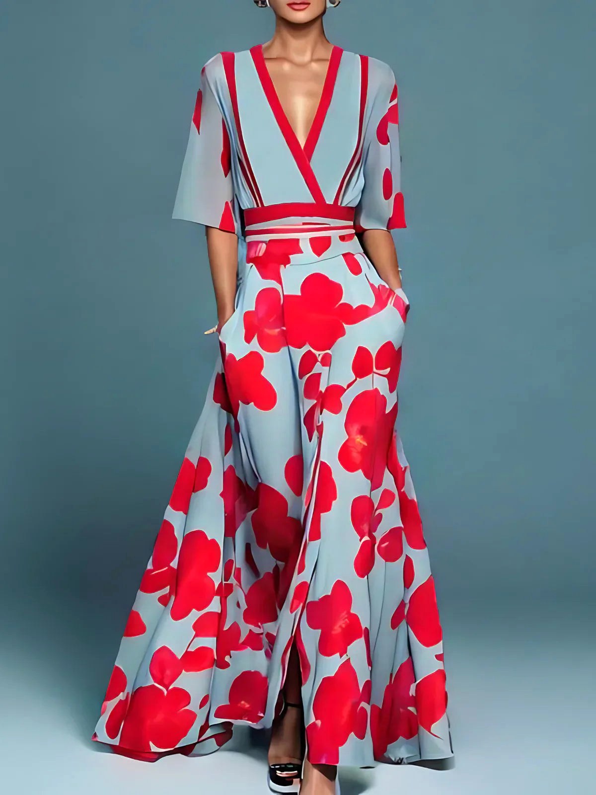 Jemma | Women's Floral V-Neck Midi Dress, Long Romantic Print Dress | Direct Attire | Red