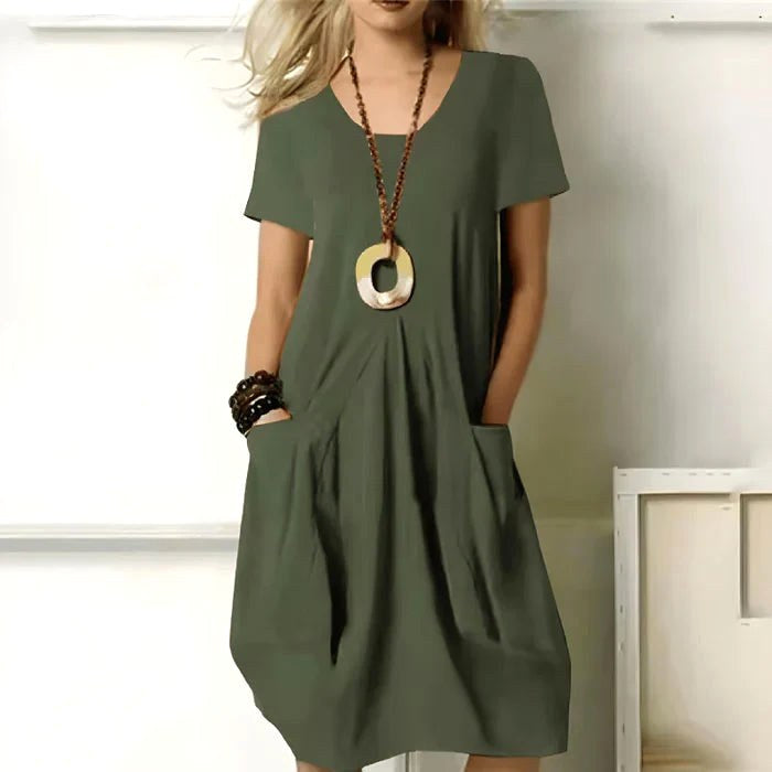 Jodie | Women's Short Sleeve Dress with Pockets, Relaxed-Fit Everyday Dress | Direct Attire | Green