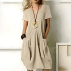 Jodie | Women's Short Sleeve Dress with Pockets, Relaxed-Fit Everyday Dress | Direct Attire | Beige